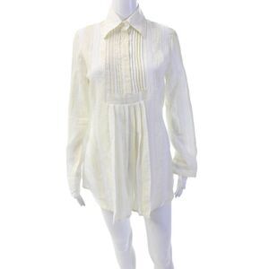 Farinaz Taghavi Womens Striped Half Button Down Dress White Beige Cotton Size 6